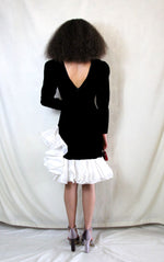 Rent black velvet pencil cocktail dress with exaggerated unique white ruffles 
