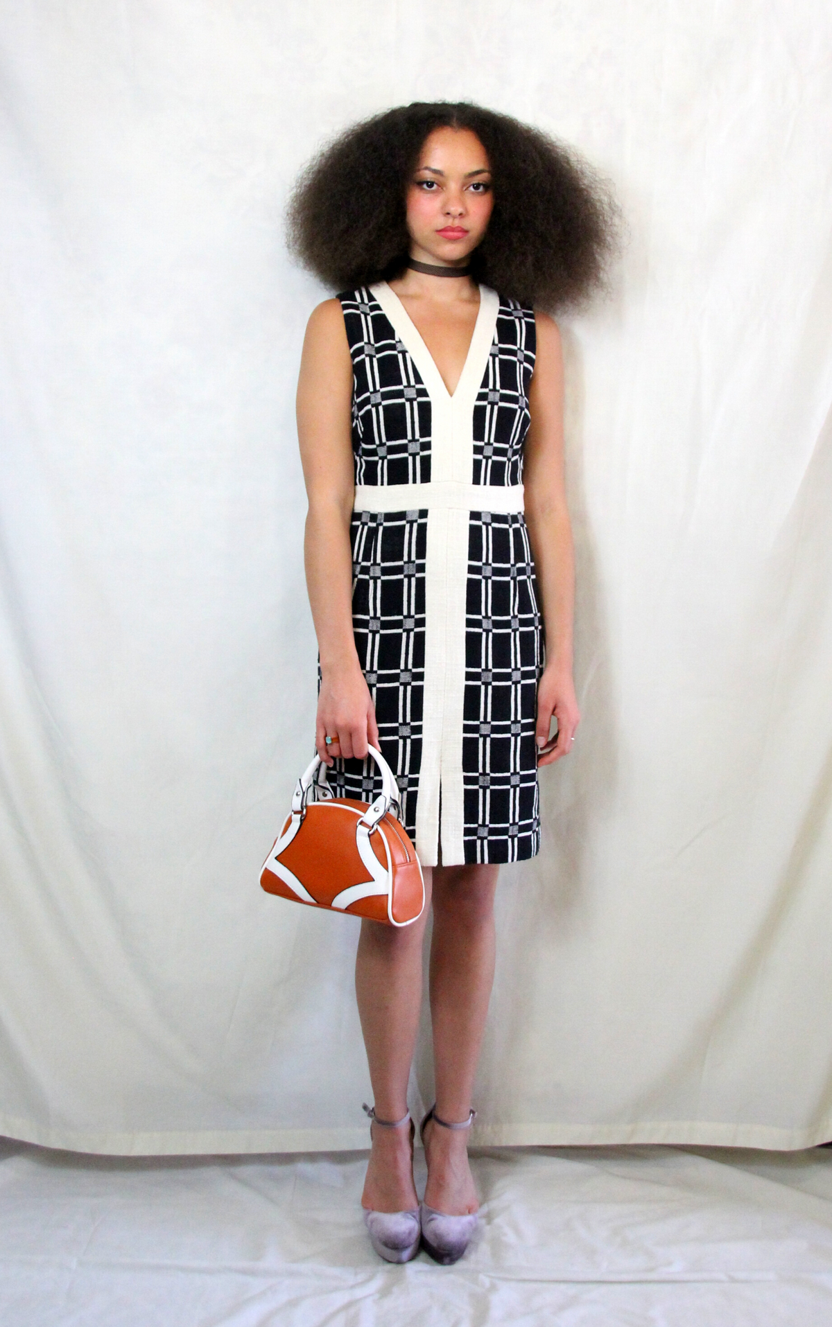 Rent Vintage 1960's style jacquard dress in black and white tile pattern