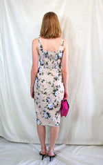Rent pastel nude floral print pencil dress with bra corset style bodice and front zip