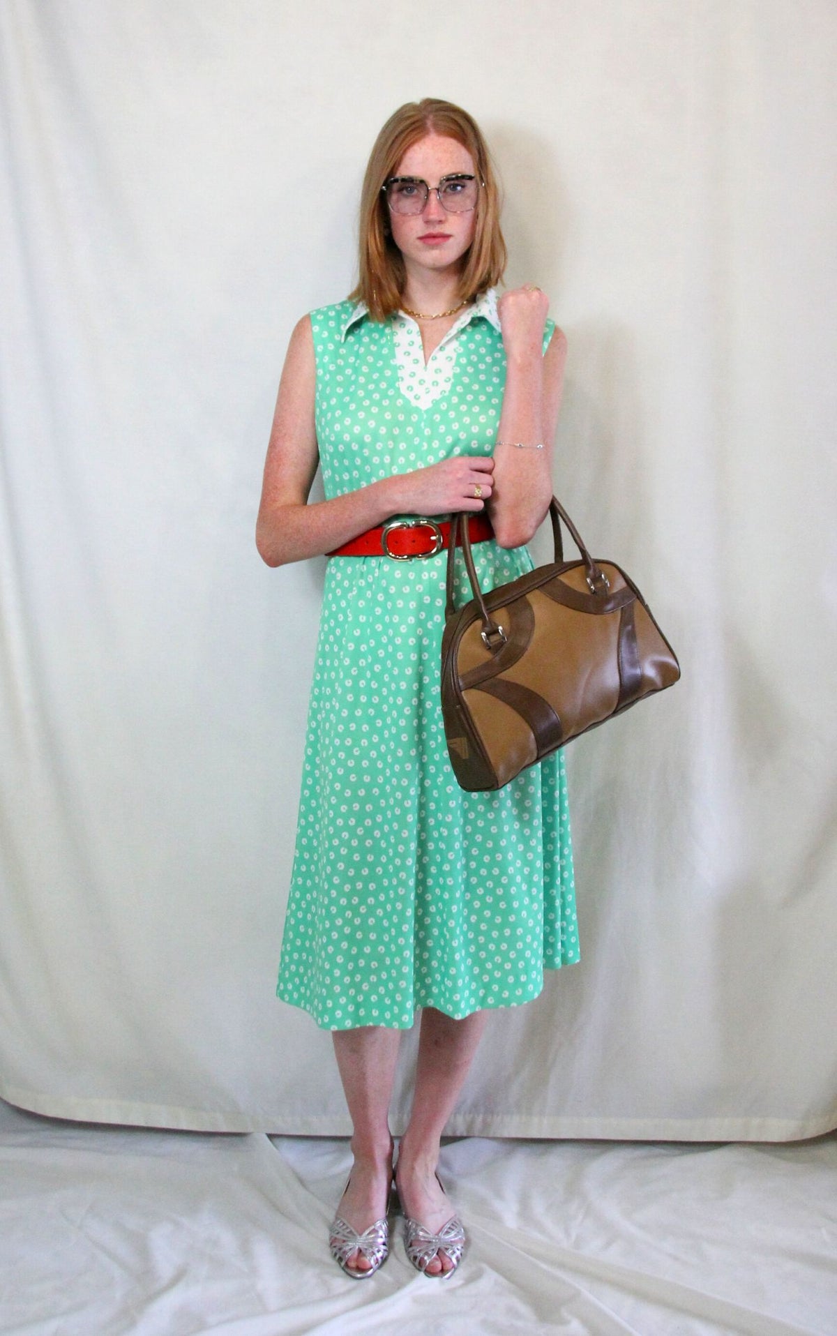 Rent vintage 1970's mint green and white print midi dress