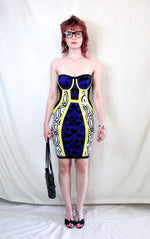 Rent Blue, Black and Yellow Patterned Bandage Mini Dress with high quality back zip