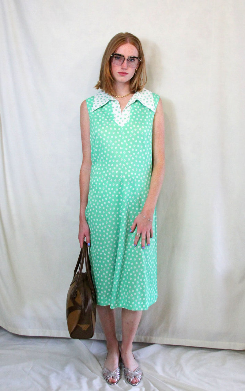 Rent vintage 1970's mint green and white print midi dress