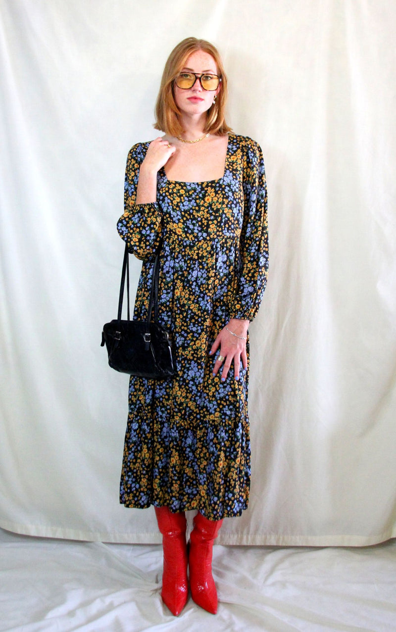 Rent long sleeve 1970s style maxi dress in blue and black floral print
