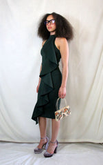 Rent pre-loved dark green scuba body con midi dress with front ruffle detail and back zipper