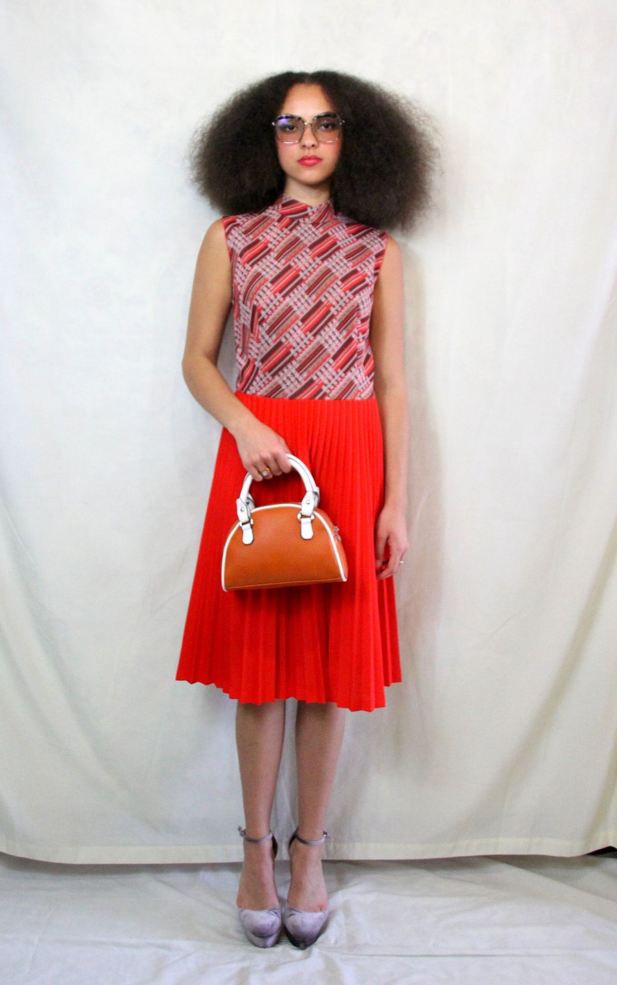 Rent Vintage 1960's mod dress with woven aztec top and bright red pleated skirt 