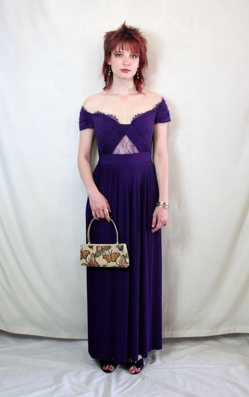 Rent purple pleat Bardot maxi prom dress with pleat skirt 