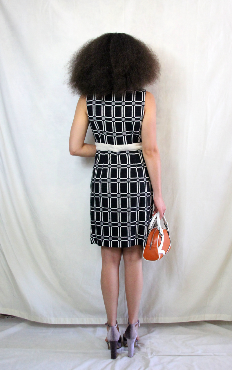 Rent Vintage 1960's style jacquard dress in black and white tile pattern