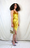Rent crushed velvet mustard body con dress with shoe string straps and side split