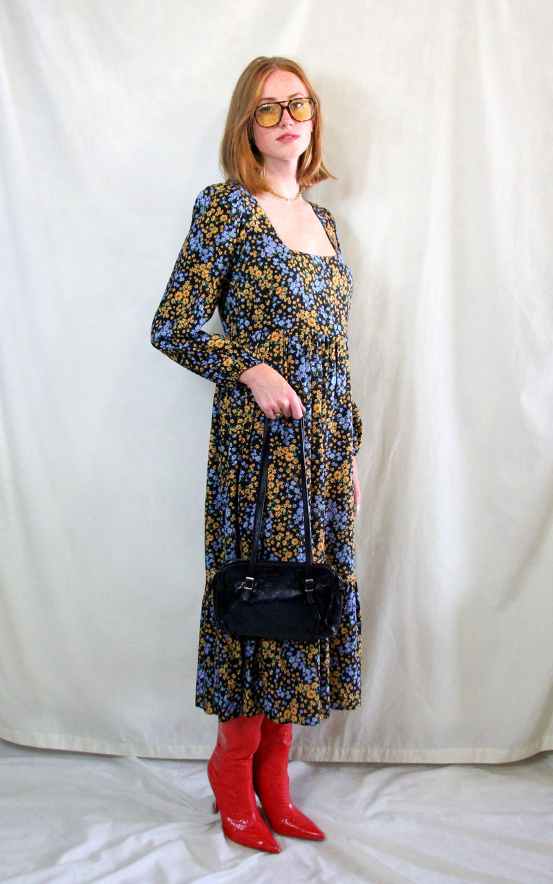 Rent long sleeve 1970s style maxi dress in blue and black floral print