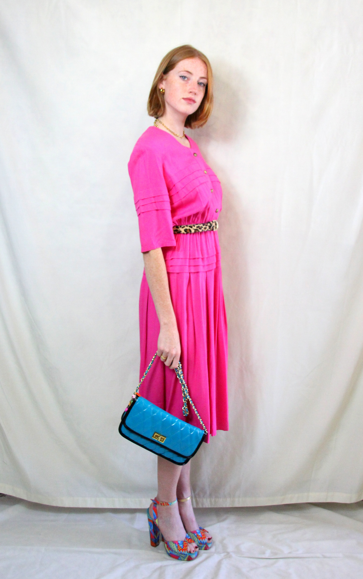 Rent Vintage Fuchsia Pink Midi Dress with skater skirt and front gold plated shell detail buttons 