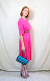 Rent Vintage Fuchsia Pink Midi Dress with skater skirt and front gold plated shell detail buttons 