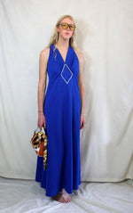 Rent vintage 1970's cobalt blue maxi dress with front pearl detail and back zip