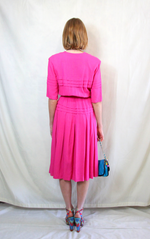 Rent Vintage Fuchsia Pink Midi Dress with skater skirt and front gold plated shell detail buttons 