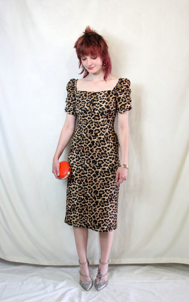 Leopard print midi pencil dress with front buttons with elasticated sleeves