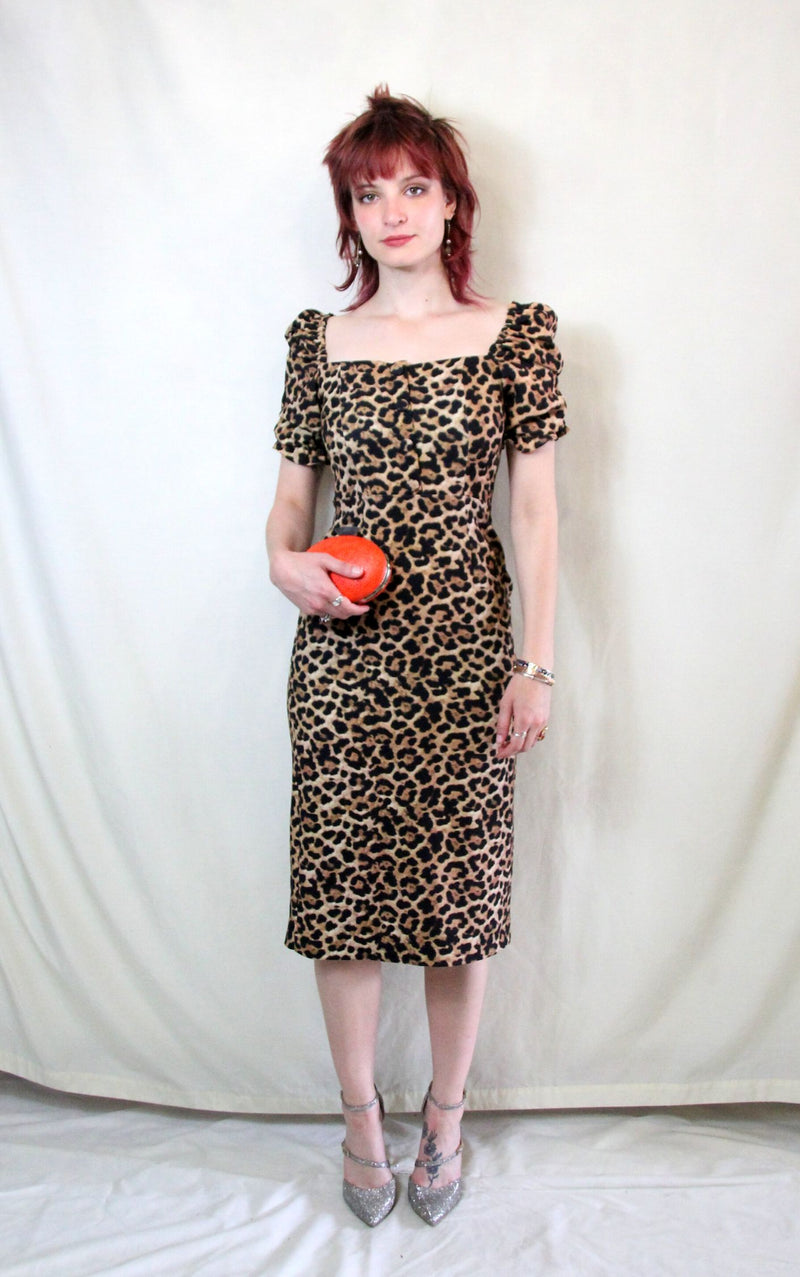 Leopard print midi pencil dress with front buttons with elasticated sleeves