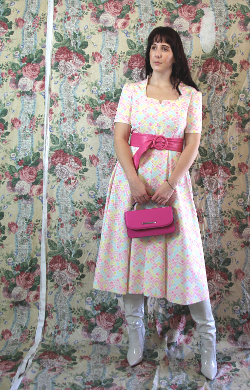 Rent 50's Style Midi Dress in pastel print, made at our Bristol Studio