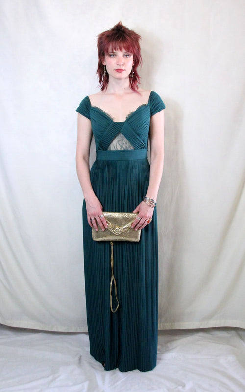 Rent emerald green pleat Bardot maxi prom dress with pleat skirt and back zip