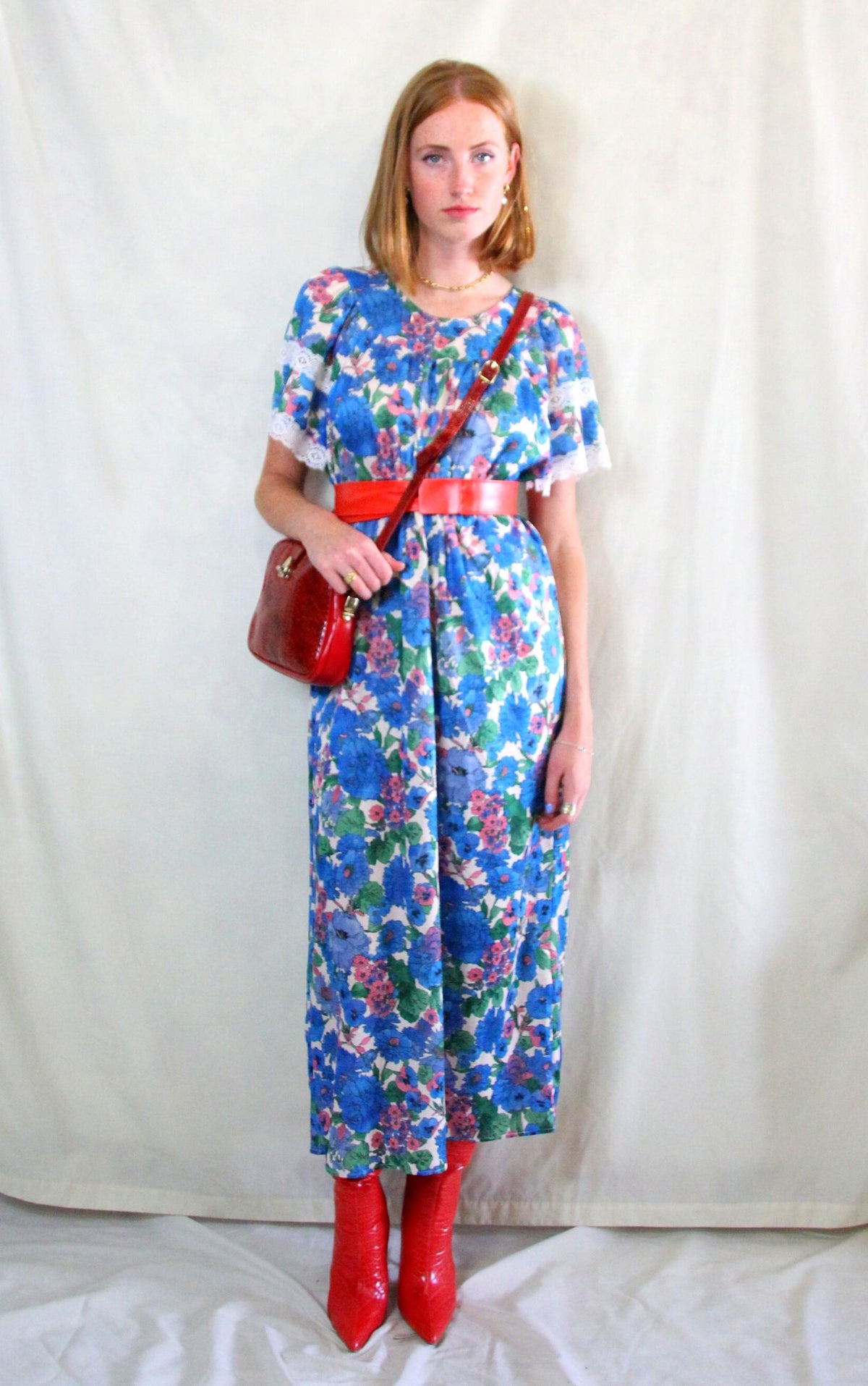 Rent Vintage Prairie maxi sun dress with scoop neck and lack trim sleeves