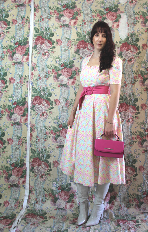 Rent 50's Style Midi Dress in pastel print, made at our Bristol Studio