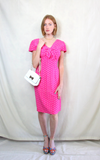 Rent Vintage 1980s fuchsia pink and white pencil dress with cap sleeves and back zip  Size 12