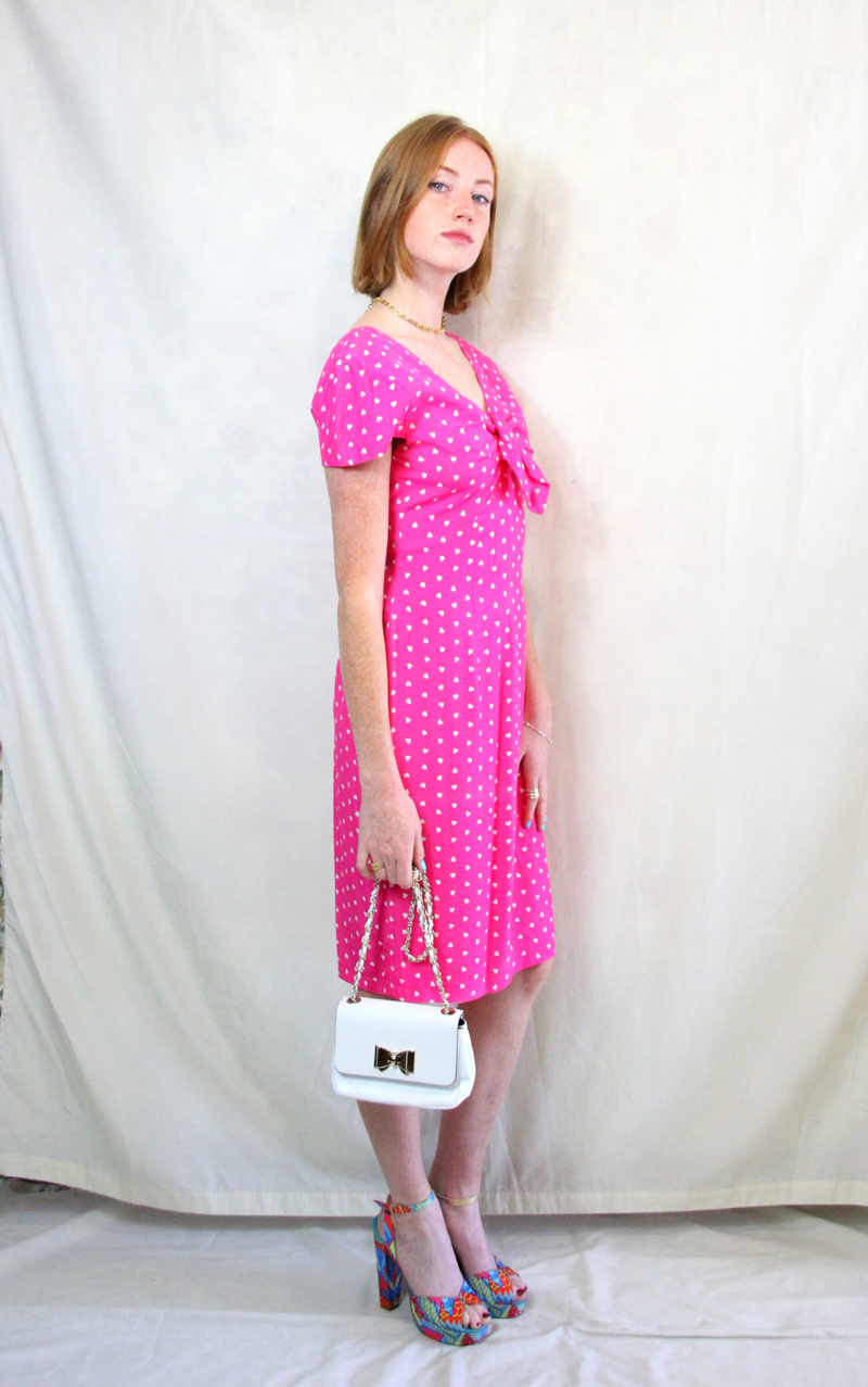 Rent Vintage 1980s fuchsia pink and white pencil dress with cap sleeves and back zip  Size 12