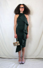 Rent pre-loved dark green scuba body con midi dress with front ruffle detail and back zipper
