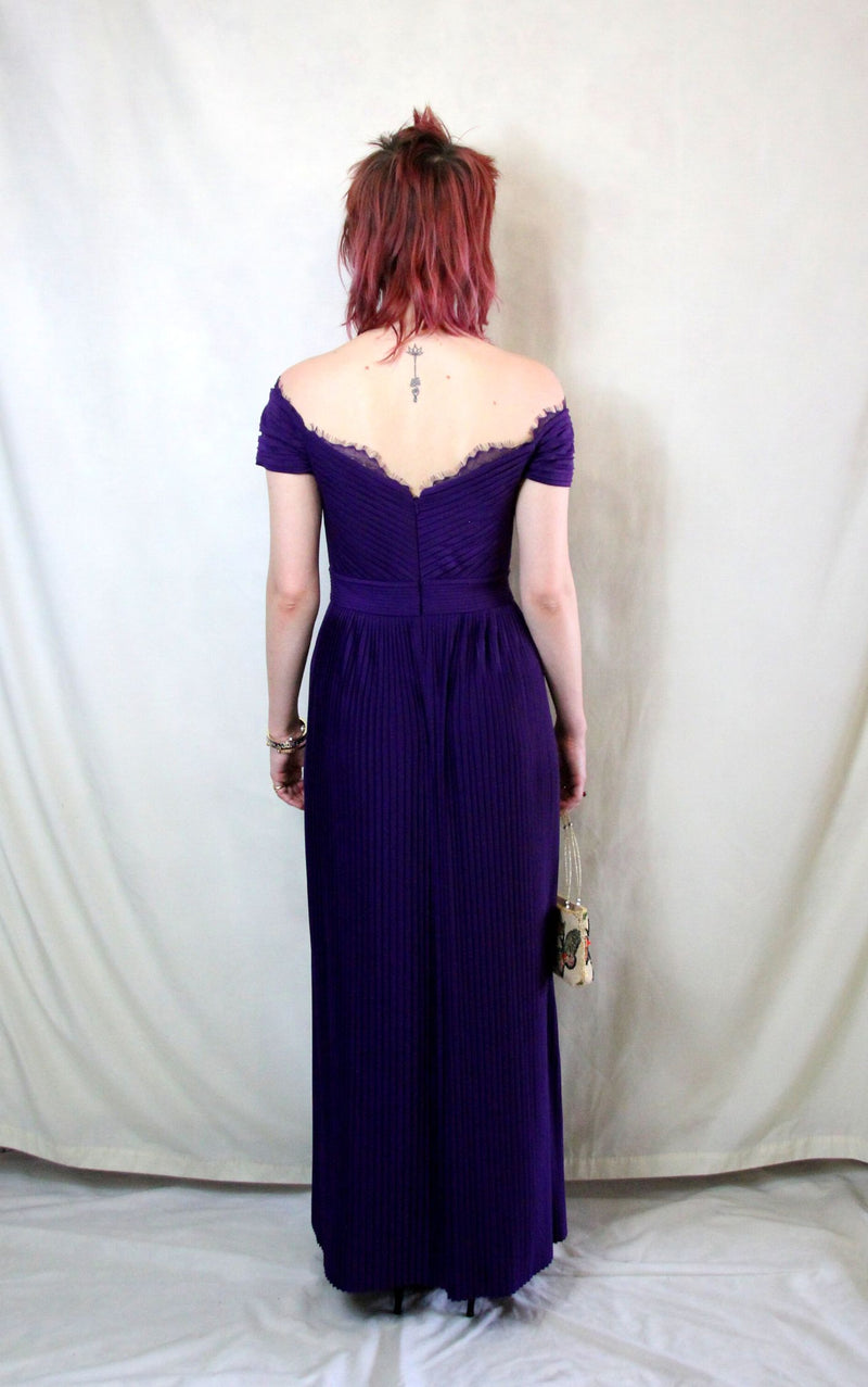 Rent purple pleat Bardot maxi prom dress with pleat skirt 