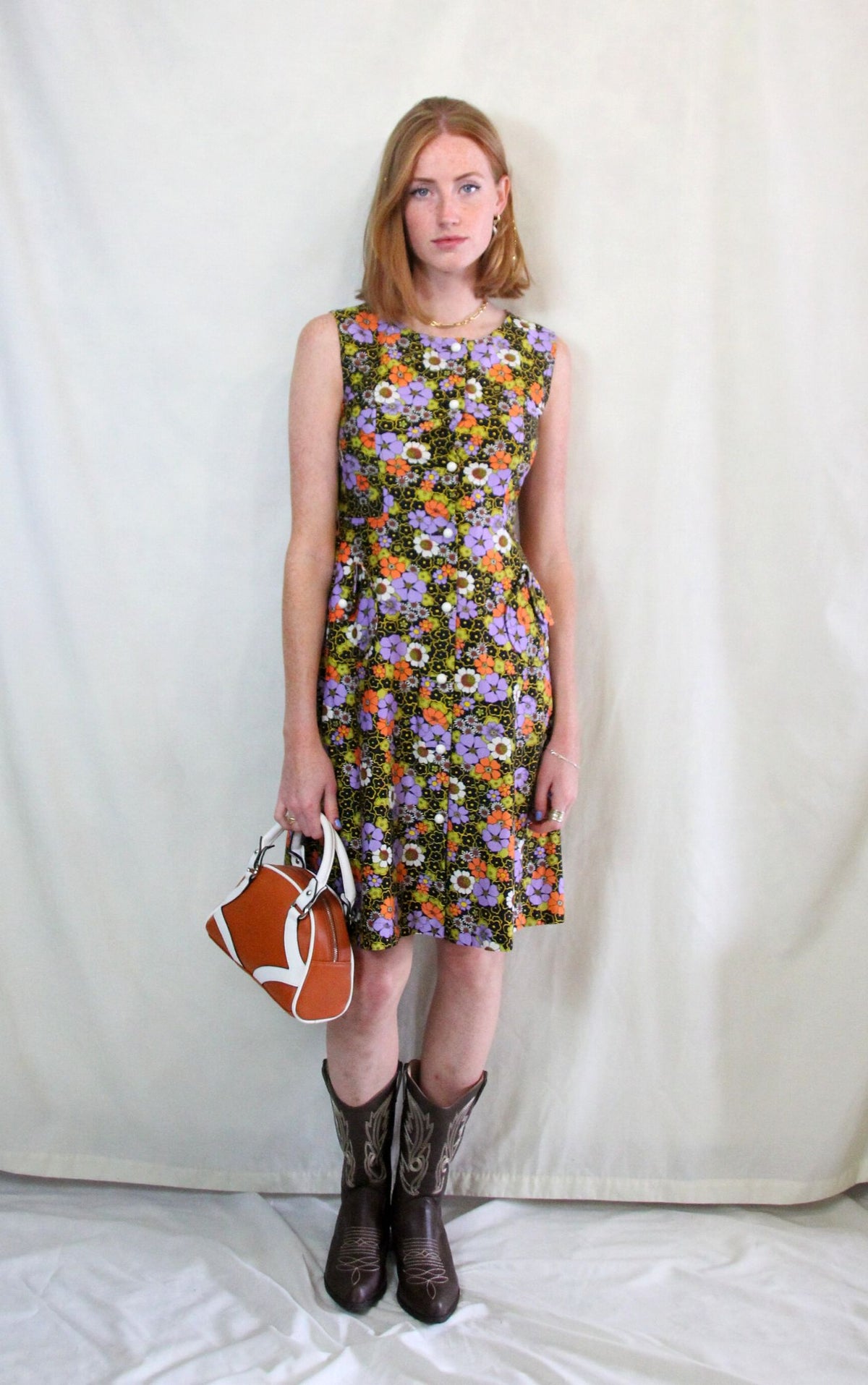 Vintage 1970s flower power orange and purple sleeveless dress