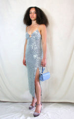 Silver Midi Sequin Party Dress with front split and key hole front detail