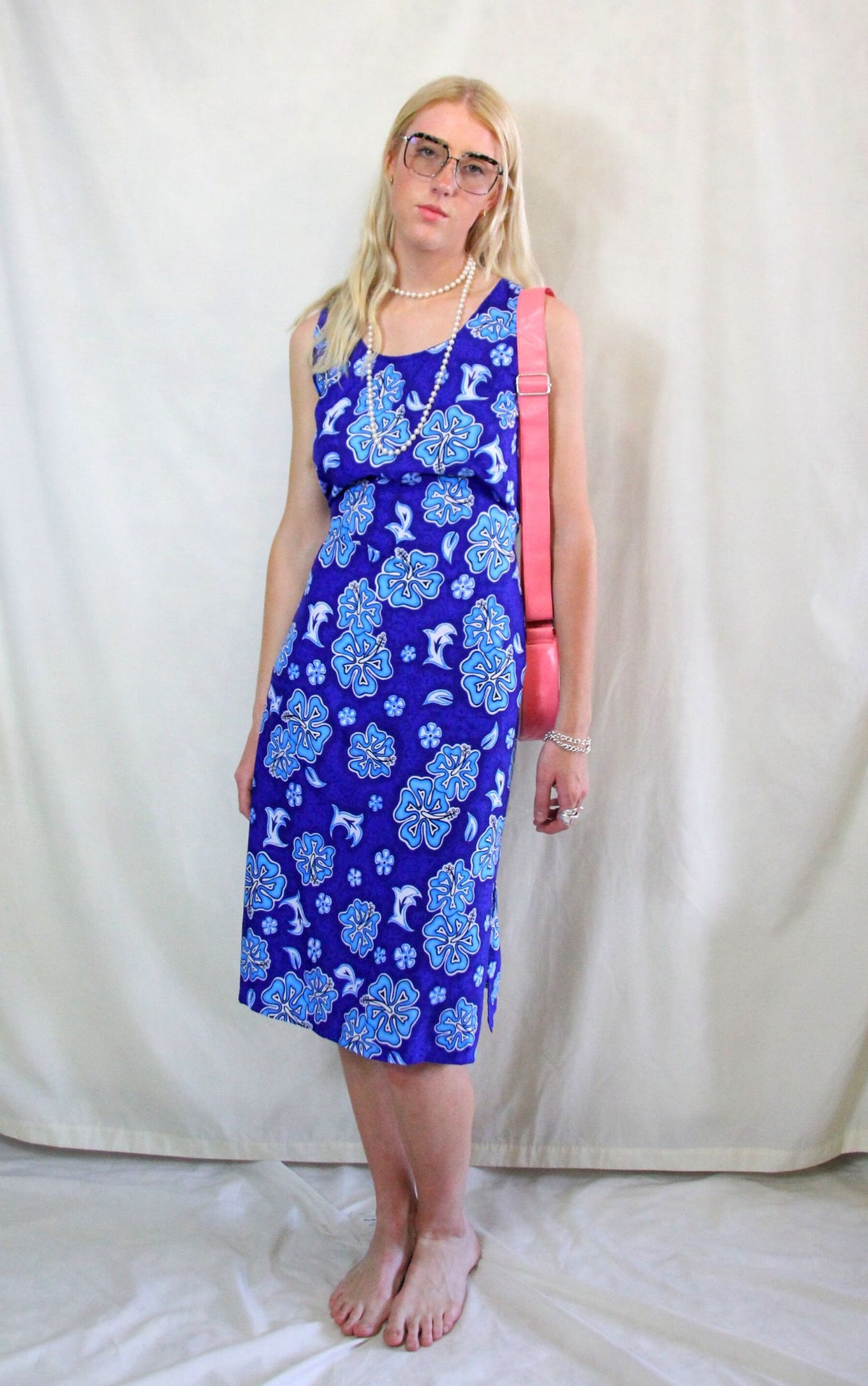 Rent Vintage cobalt blue scarf print midi sun dress with matching tie