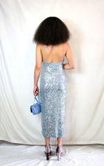 Silver Midi Sequin Party Dress with front split and key hole front detail