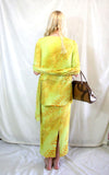 Rent vintage yellow printed three piece outfit. Skirt, top and matching scarf 