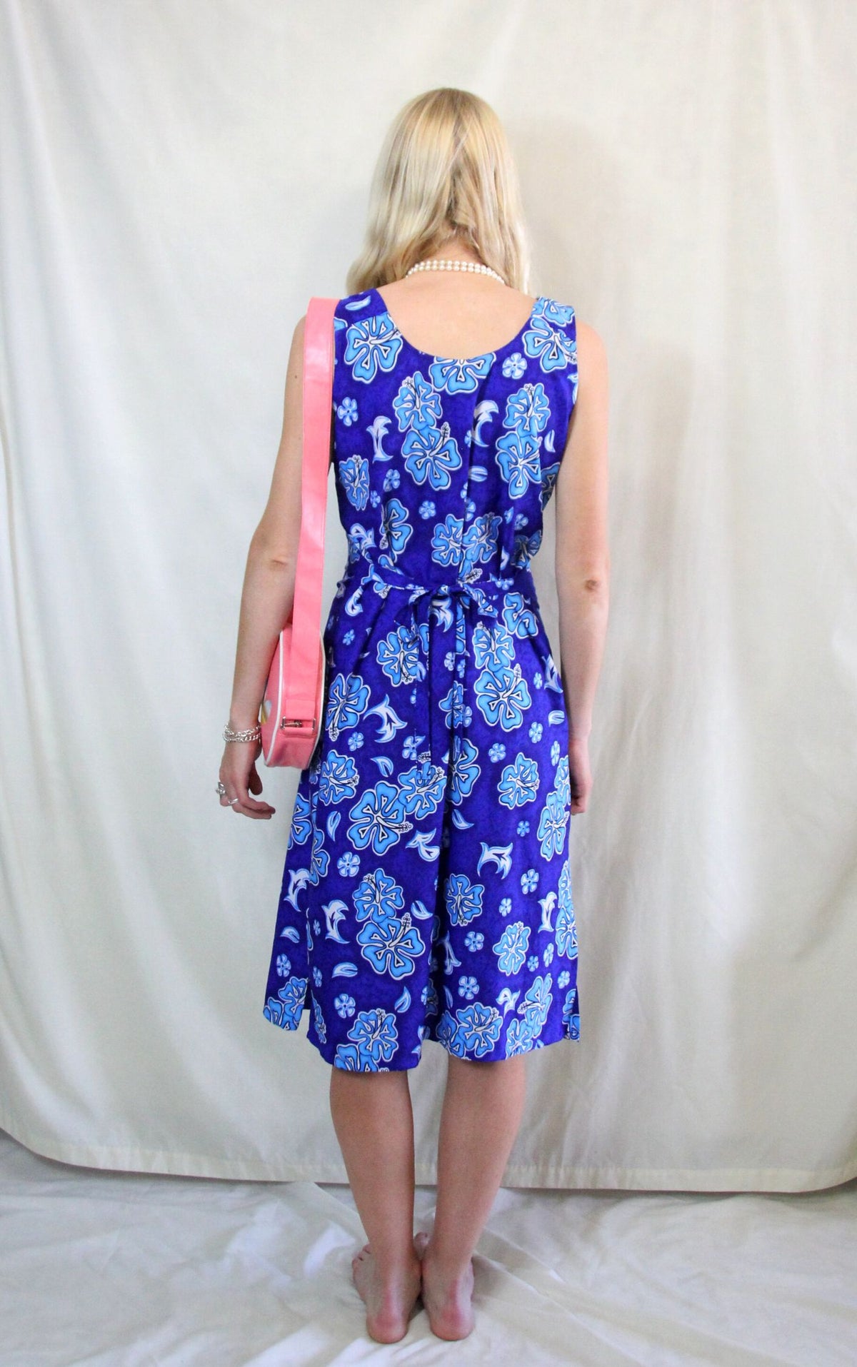 Rent Vintage cobalt blue scarf print midi sun dress with matching tie