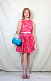 Fuchsia pink mini sleeveless lace skater dress in scuba material and lace overlay 
