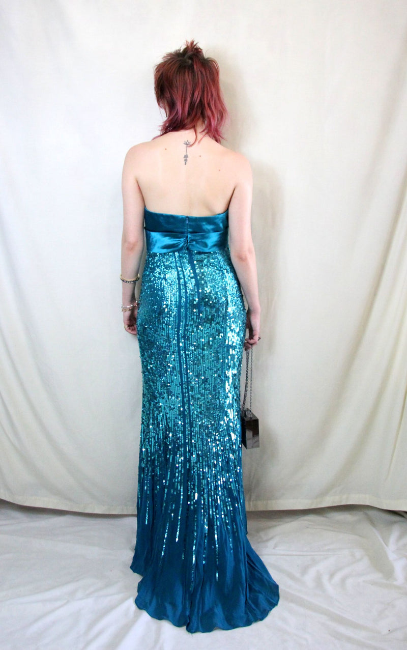 Rent vintage Frank Usher green dress with sequined silk skirt and satin bow front