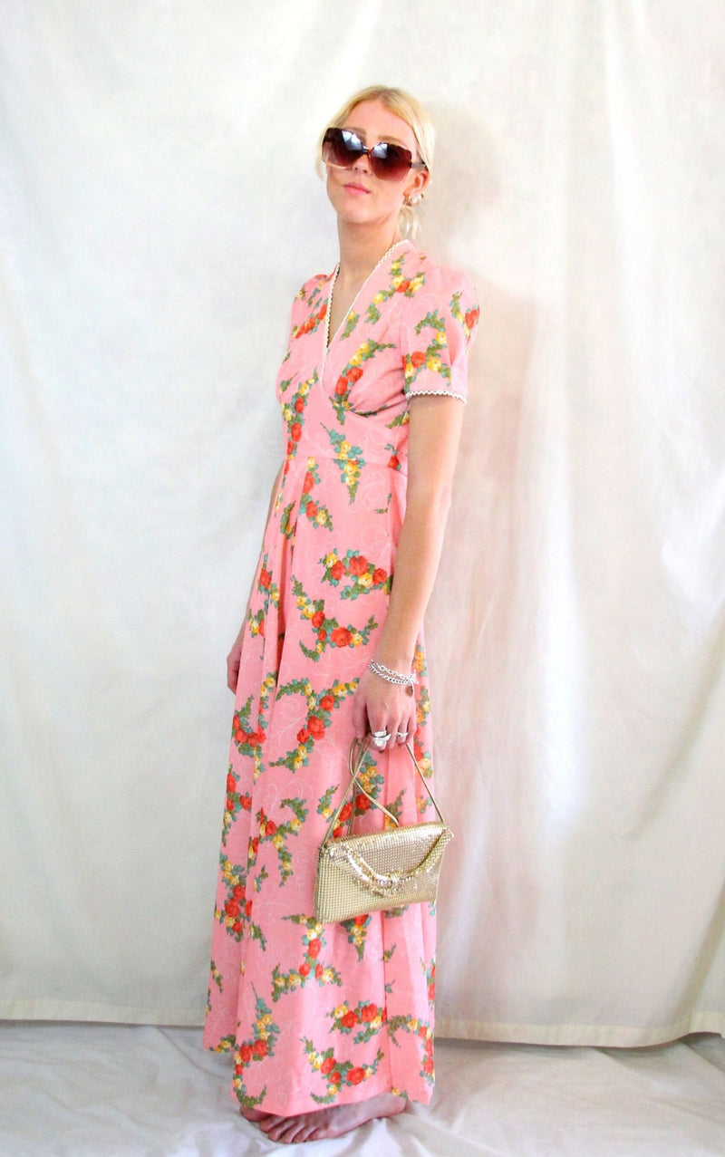 Rent pink 1970's floral maxi dress 