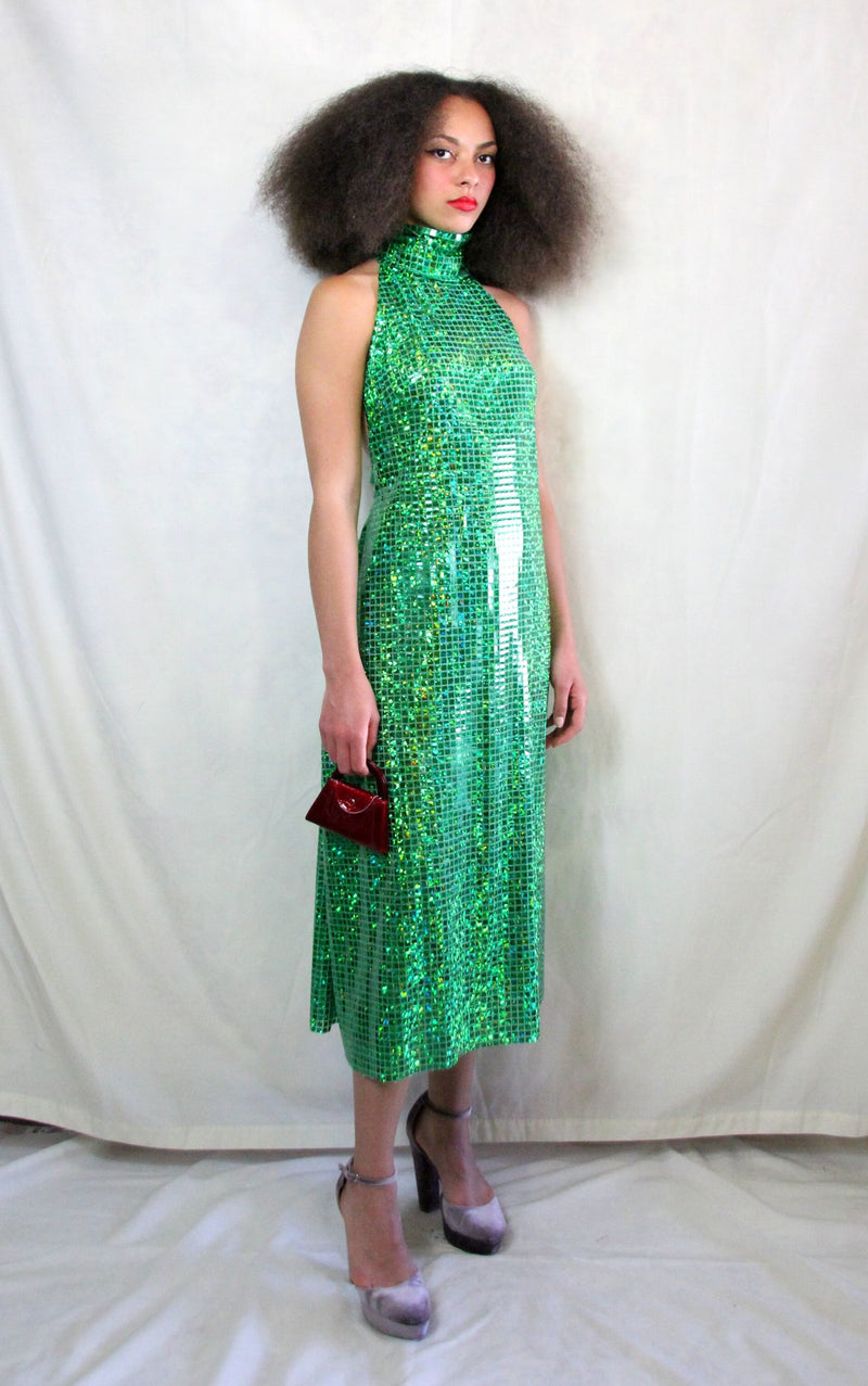 Rent emerald green maxi dress with halter neck back and high neck back tie bow