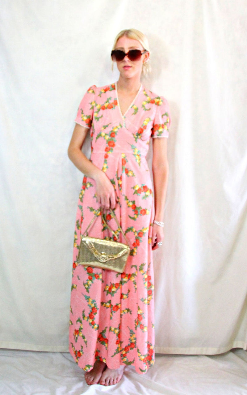 Rent pink 1970's floral maxi dress 
