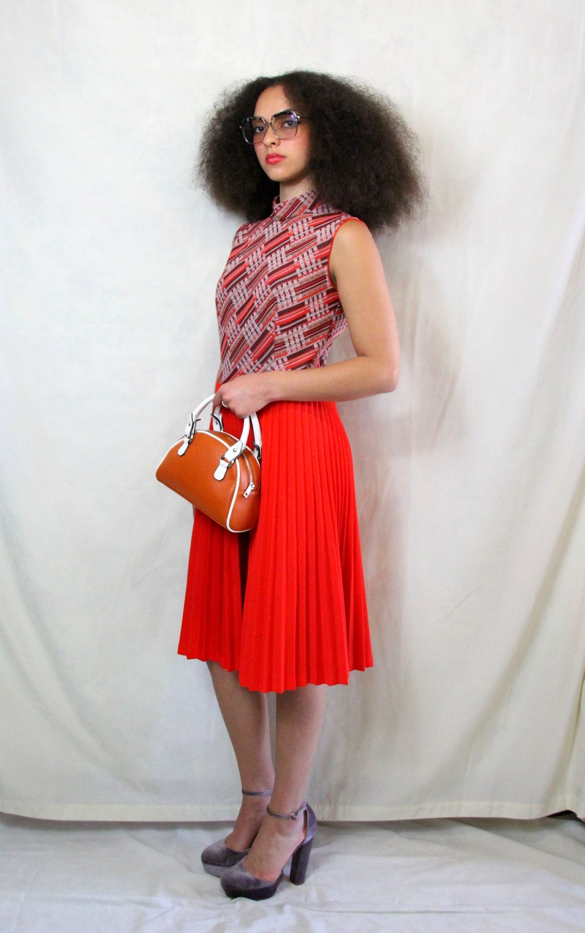 Rent Vintage 1960's mod dress with woven aztec top and bright red pleated skirt 