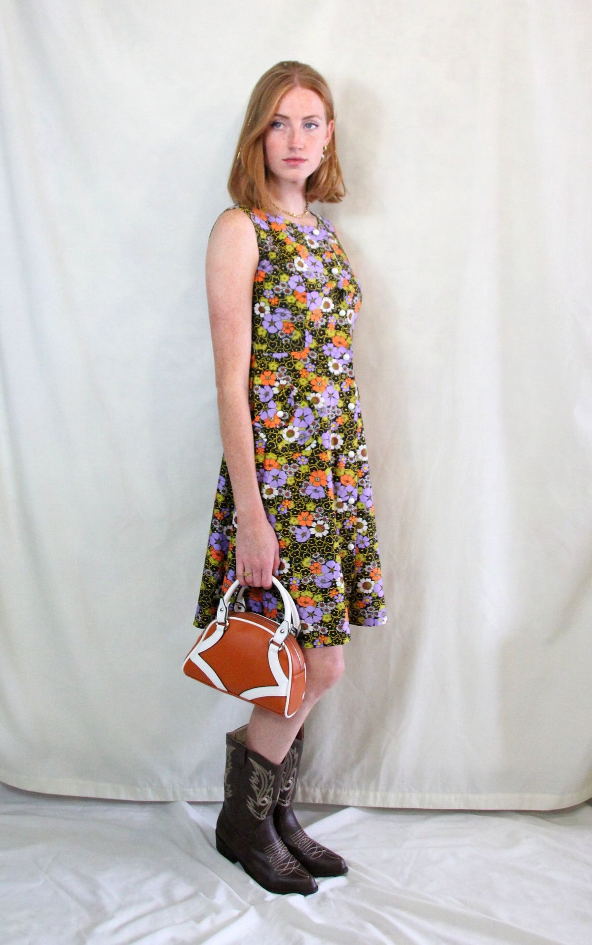 Vintage 1970s flower power orange and purple sleeveless dress