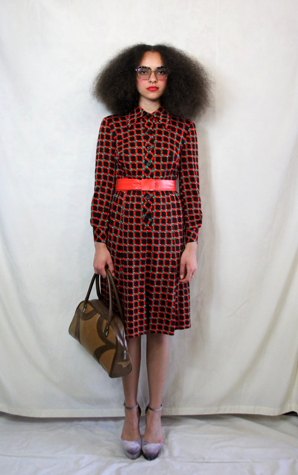 Rent 1970s Vintage dogtooth black, red and green print shirt dress