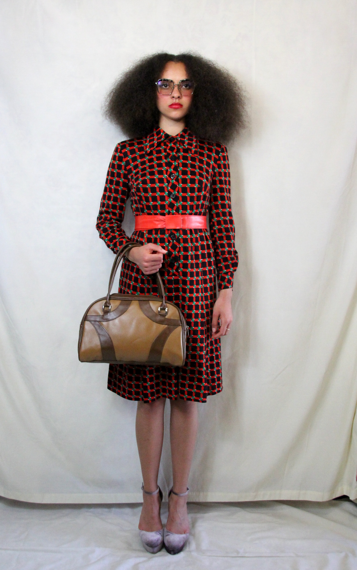 Rent 1970s Vintage dogtooth black, red and green print shirt dress