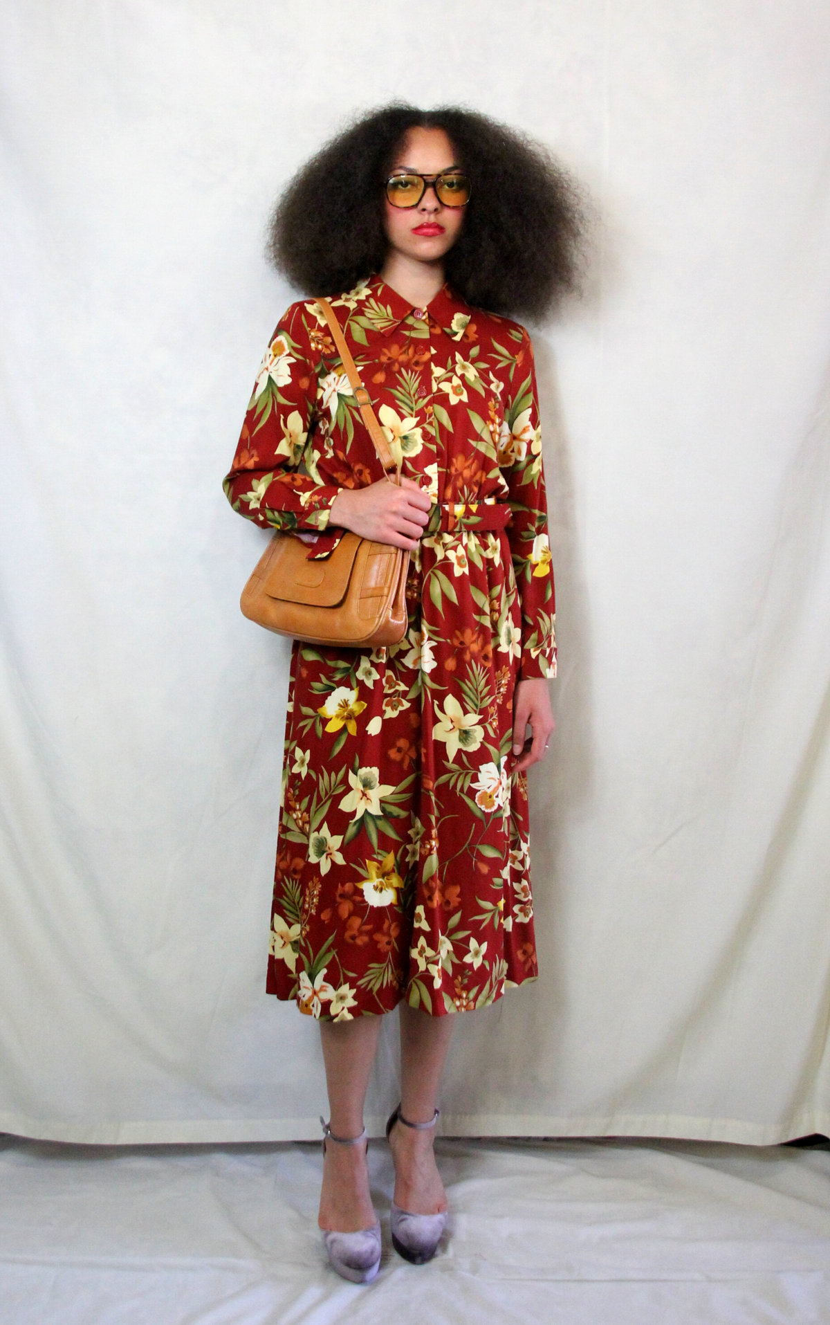 Rent Vintage tan and yellow floral shirt dress with matching waist belt