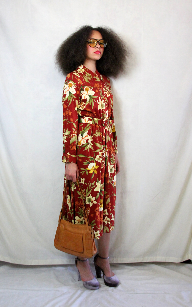 Rent Vintage tan and yellow floral shirt dress with matching waist belt