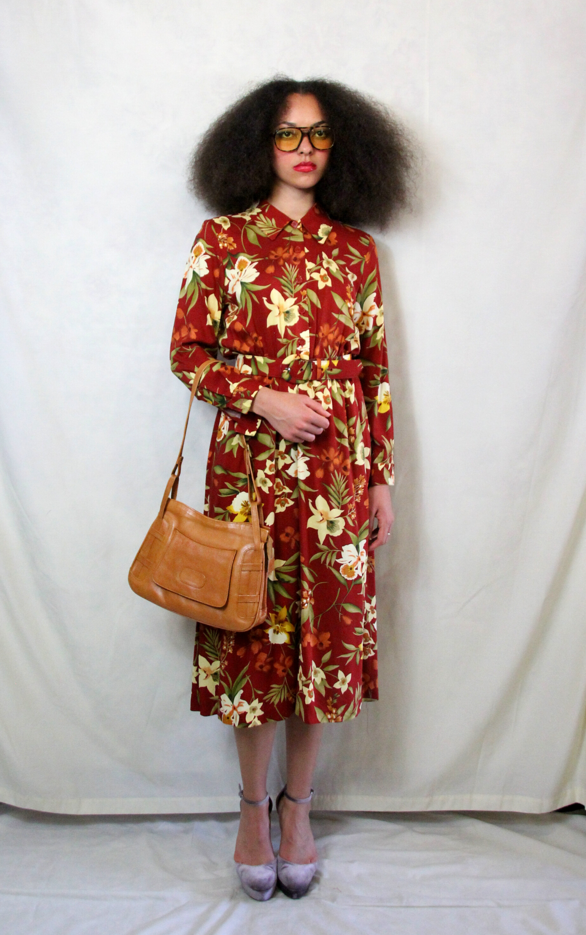 Rent Vintage tan and yellow floral shirt dress with matching waist belt