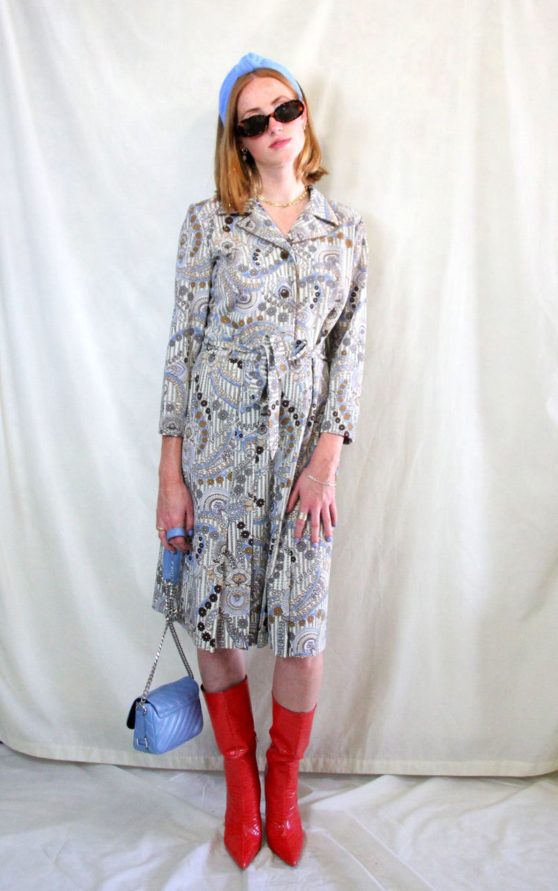 Rent 1970s vintage grey, cream and brown geo print shirt midi dress