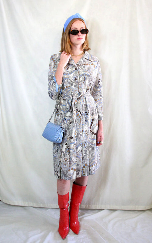 Rent 1970s vintage grey, cream and brown geo print shirt midi dress