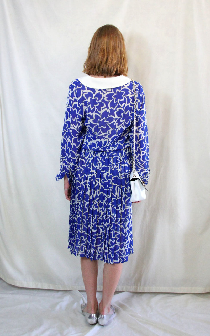 Rent Vintage 1980's cobalt blue and cream floral midi dress with cream collar 