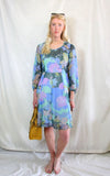 Rent 1970s flower power, blue green and pastel large floral print midi dress with balloon sleeves