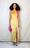 Rent custom made yellow gold maxi dress with front split and one shoulder detail
